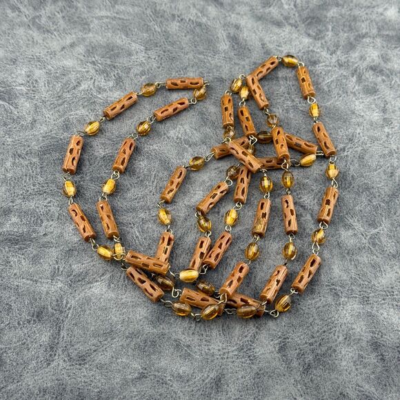 Carved Celluloid Brown Beads Necklace Faux Wood Early Plastic Art Deco VTG 26" - Picture 11 of 12